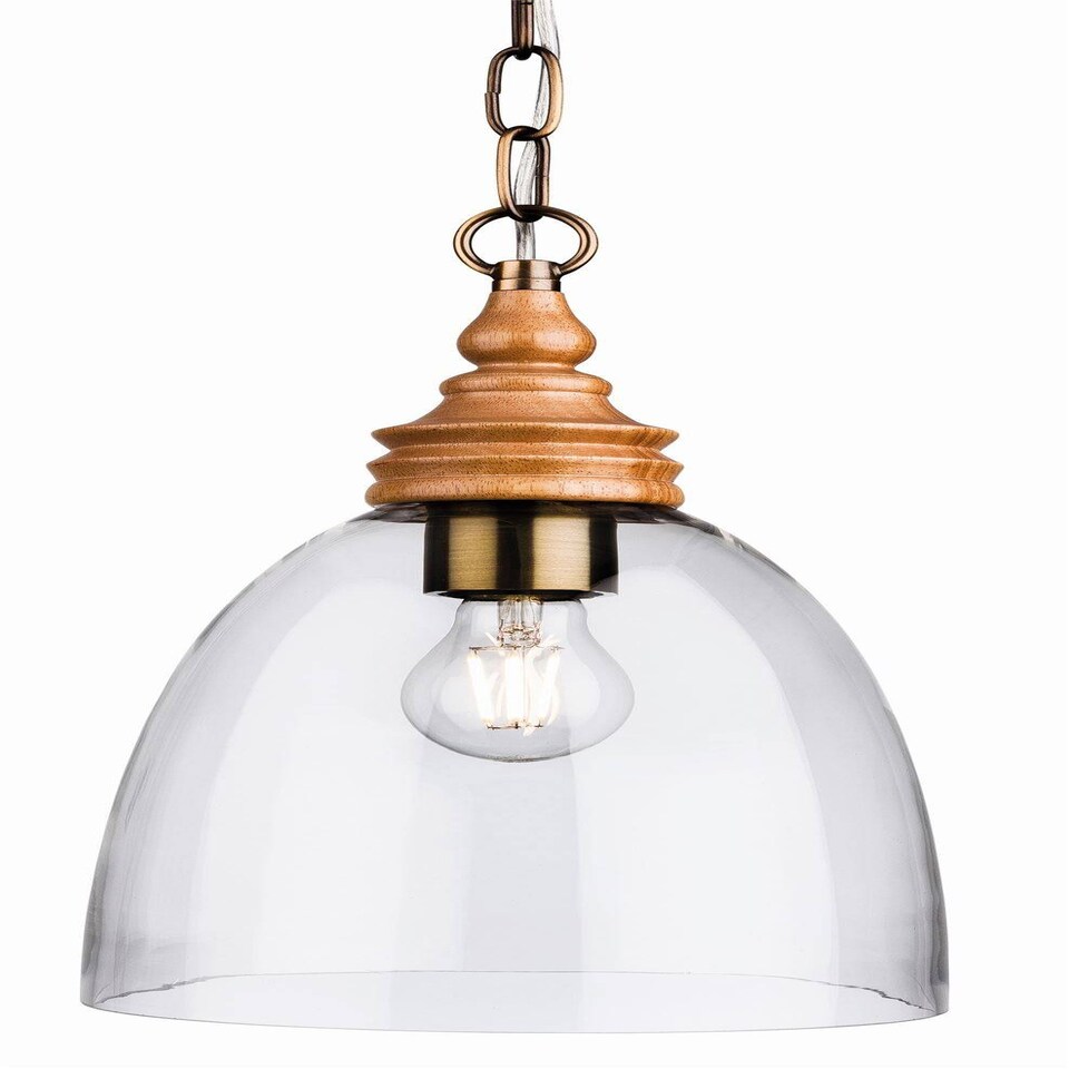Comet 1 Light Dome Ceiling Pendant Natural Wood with Clear Glass, E27