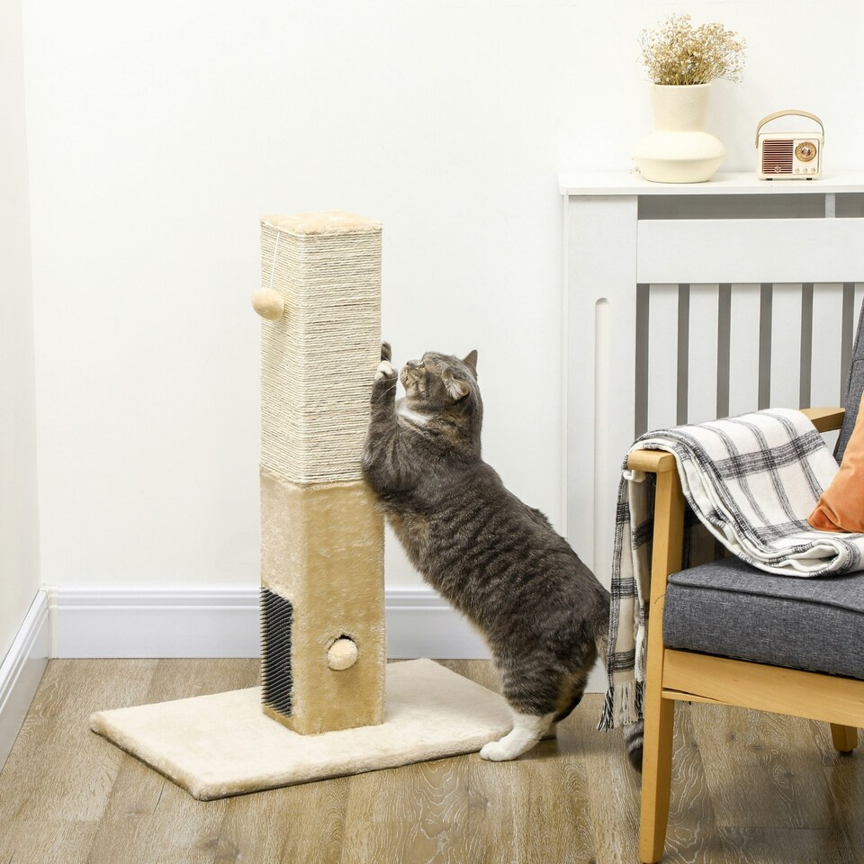 image 1 of PawHut 79cm Jute Scratcher Climber with Toy, Self Grooming Brush, Beige