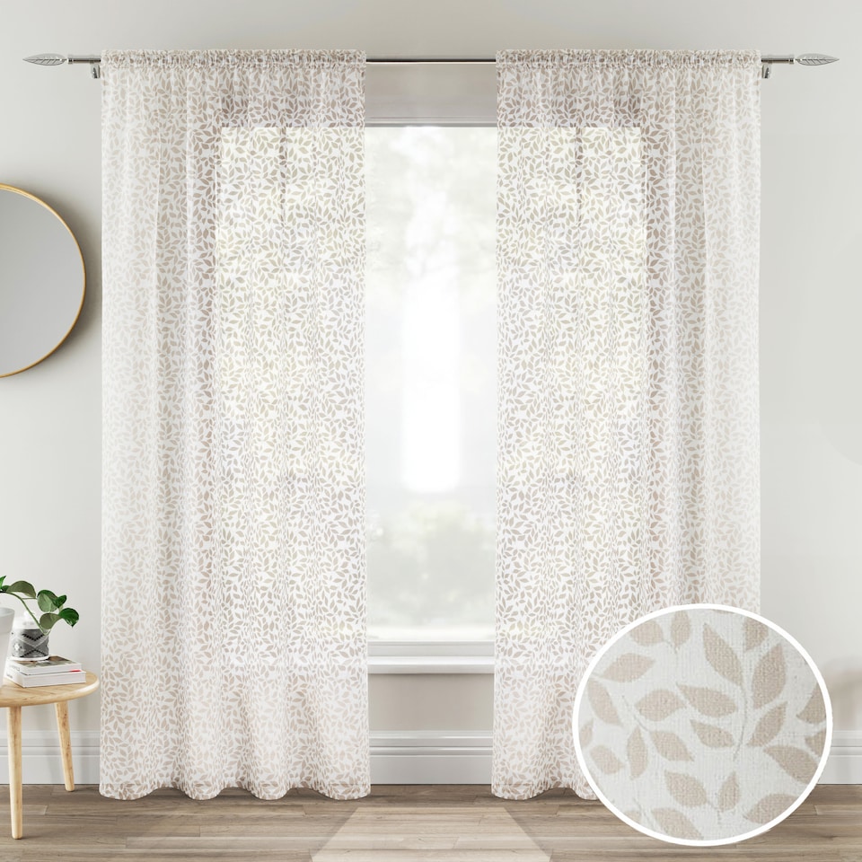 image 1 of Pair of Willow Natural Leaf Print on Linen Look Panels, with Rod Pocket Header 229 CM