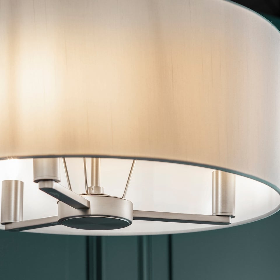 image 1 of Daley 3 Light Multi Arm Ceiling Pendant Matt Nickel, Cylindrical Vintage White Silk Effect Shade, E14