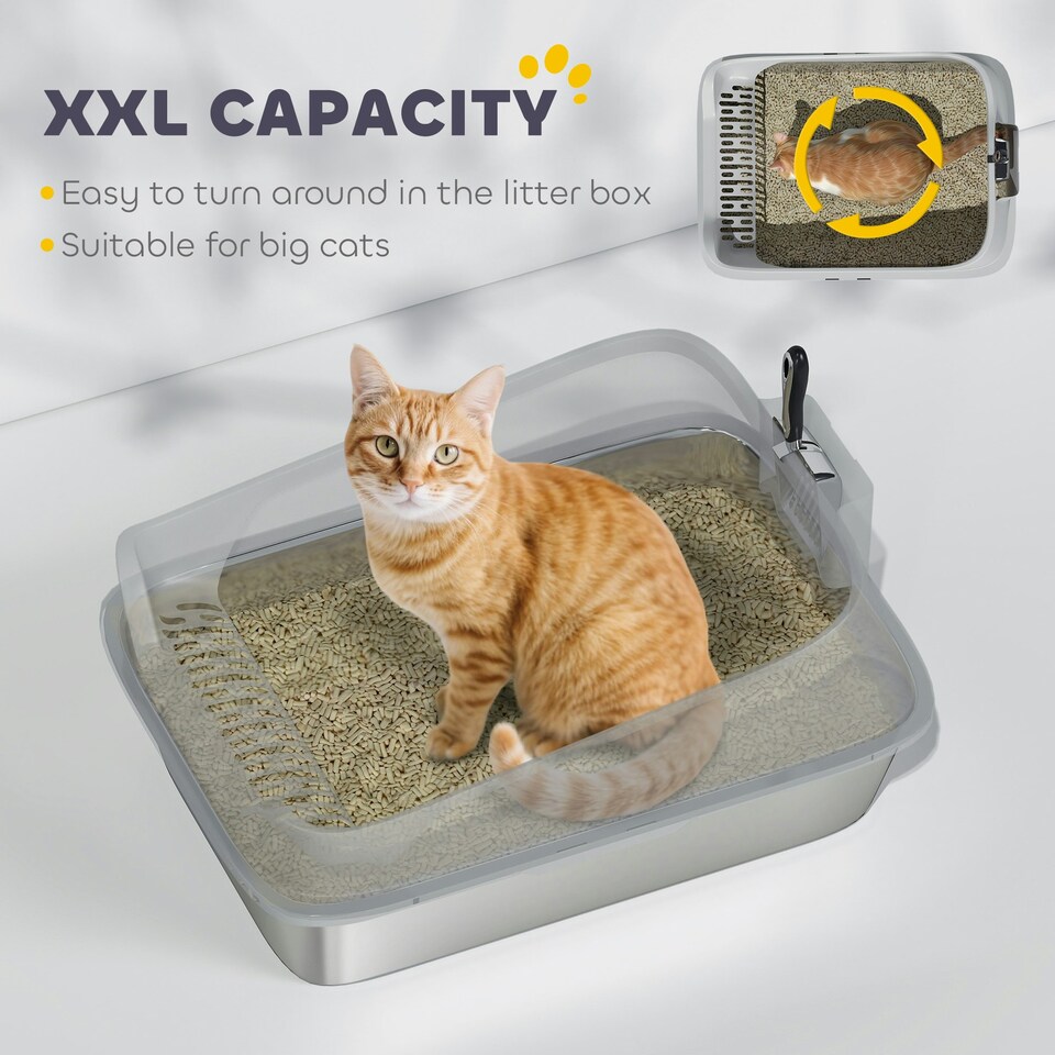 image 1 of PawHut Stainless Steel Cat Litter Box with High Sides Grey | L