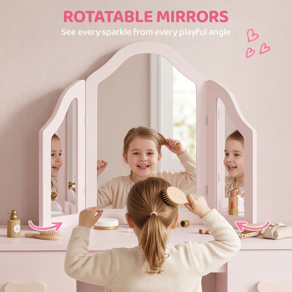 image 1 of AIYAPLAY Kids Vanity Table and Chair Set with Tri-Folding Mirror for 3+