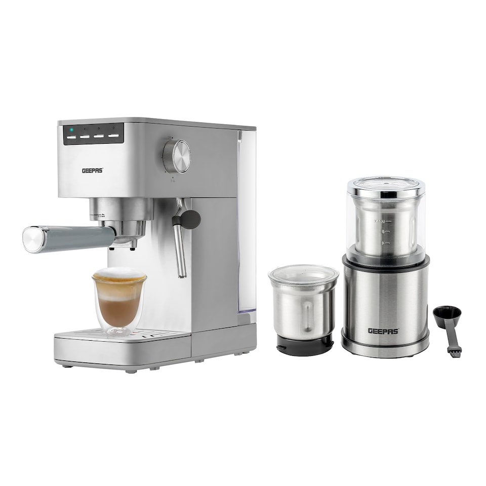 GEEPAS 1450W Espresso & Cappuccino Coffee Machine & 200W Coffee Grinder Combo Set