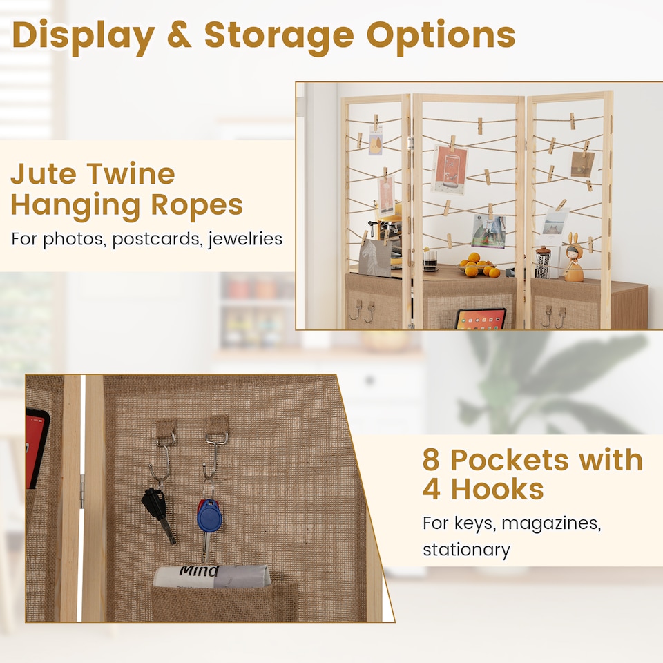 image 1 of COSTWAY 3 Panel Room Divider Folding Display Stand 8 Storage Pockets Natural