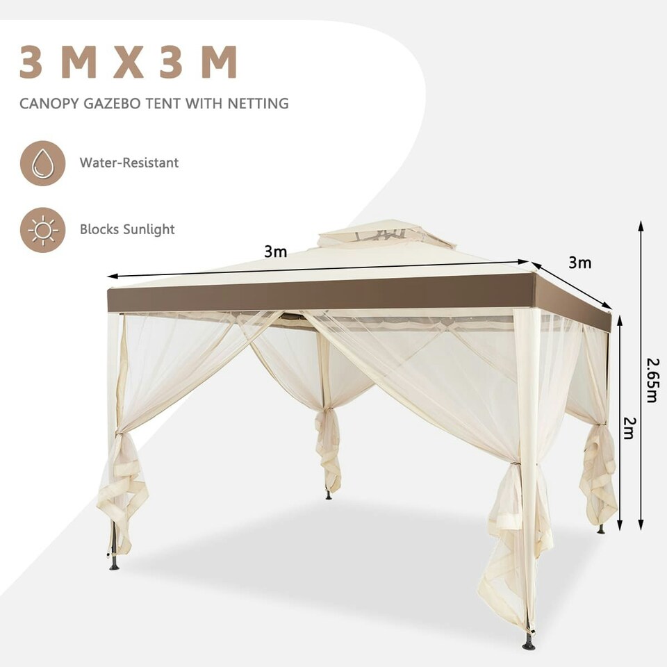 image 1 of COSTWAY Outdoor 3m x 3m Gazebo Tent Camping Canopy Beige