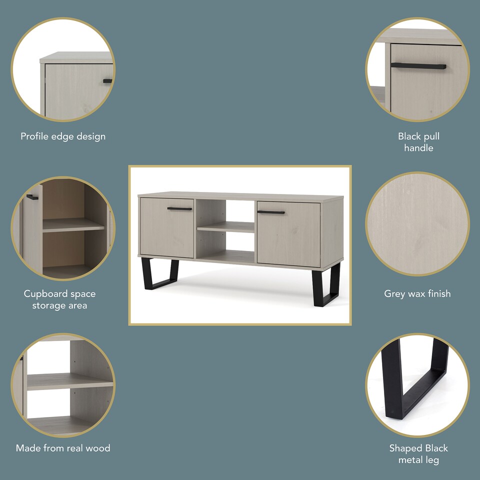 image 1 of Texas Wide Screen 2-Door TV Unit - Antique Waxed Pine Media Cabinet with Industrial Handles | Grey | Grey | 1