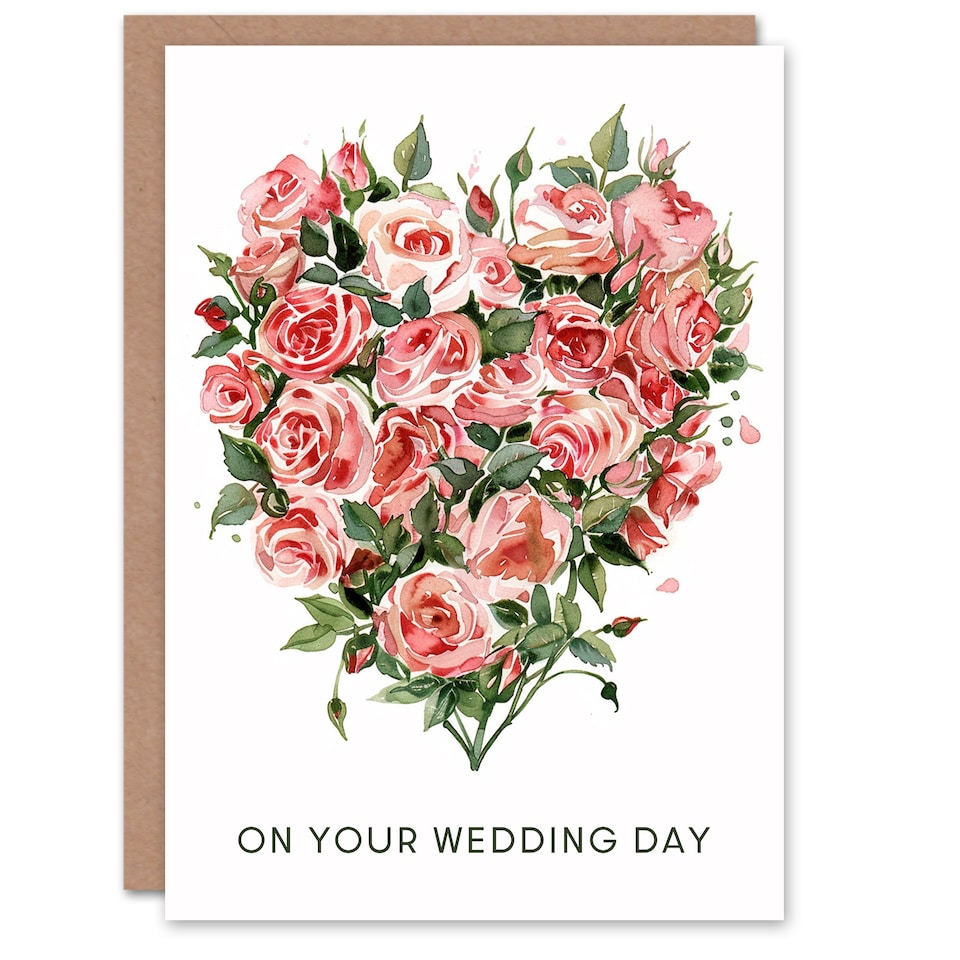 image 1 of Pink Roses Love Heart Flower Bouquet Watercolour Wedding Card