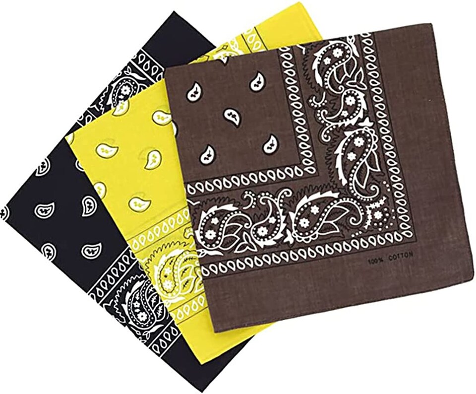 KAV 55x55cm Set of 3 Bandanas face mask Assorted Paisley Bandana - Head Wrap Scarf Wristband for Outdoor Sports, Hiking, Cycling (Yellow, Brown, Black)
