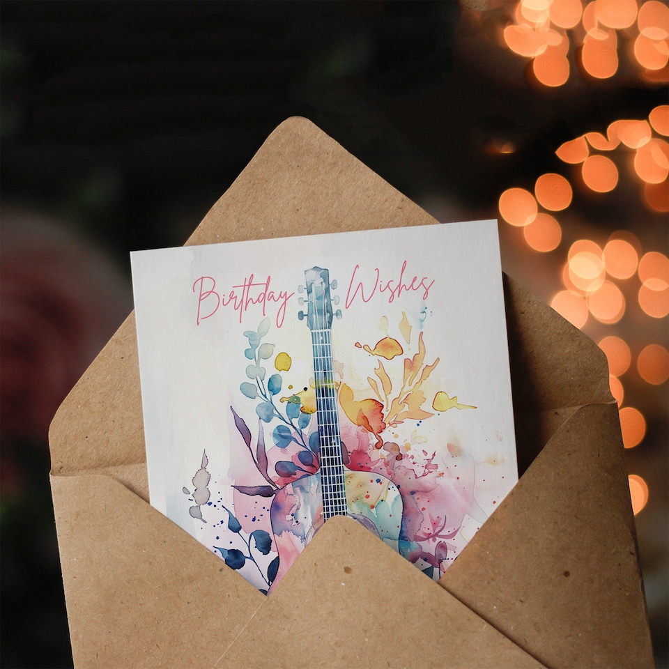 image 1 of Indie Music Acoustic Guitar Floral Watercolour Birthday Card