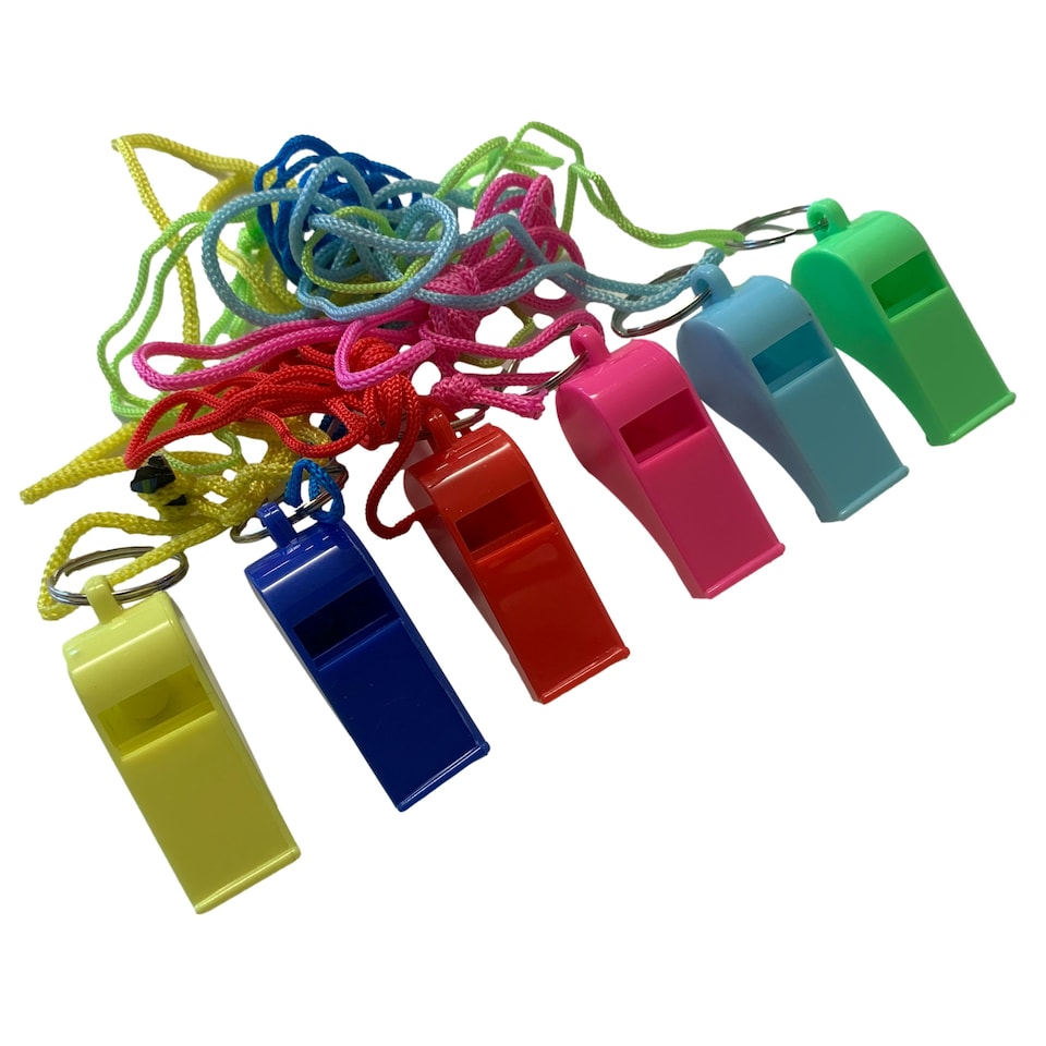 image 1 of Bag of 100 Pink Plastic Whistles with Lanyard Neck Cord