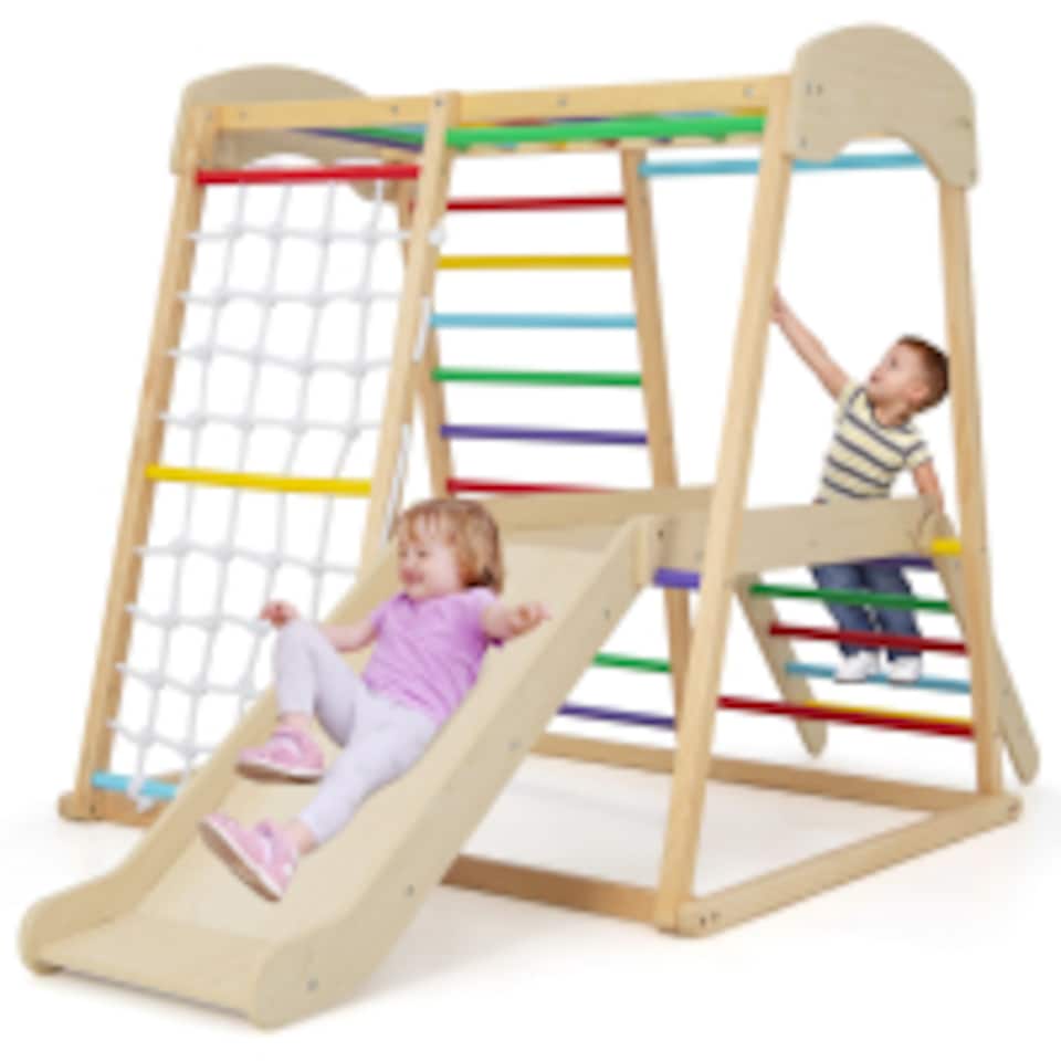 image 1 of COSTWAY 6 in 1 Wooden Climber Playset Kids Slide Jungle GymMonkey Bars Climbing Ladder