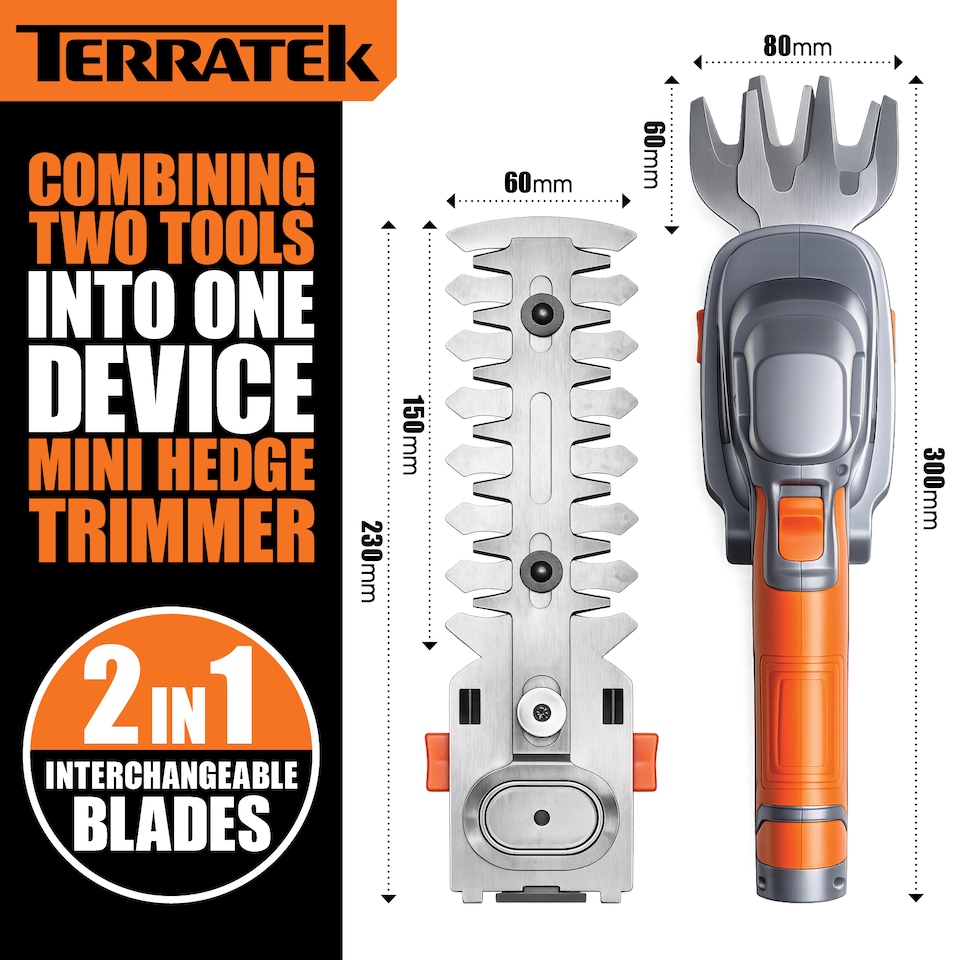 image 1 of Terratek 7.2V 2 in 1 Cordless Hedge Trimmer Cutter | Grey | Grey | 1