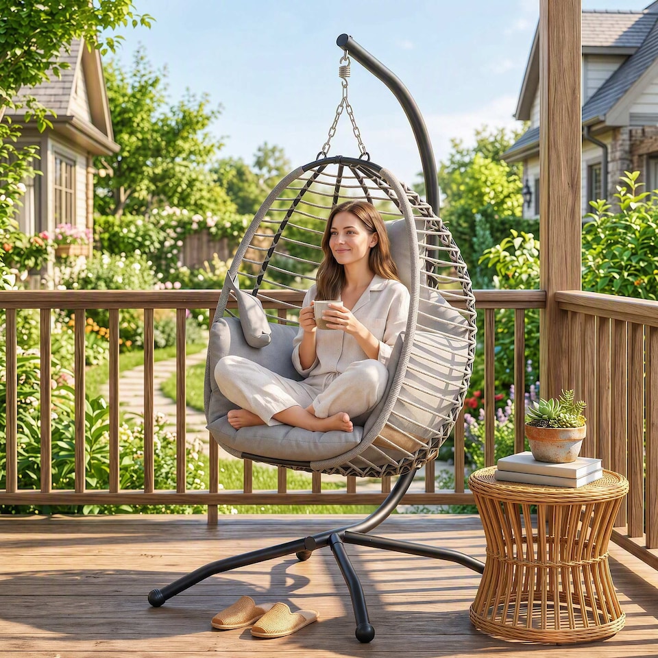 image 1 of Outsunny Hanging Swing Chair w/ Thick Cushion, Hanging Chair, Grey