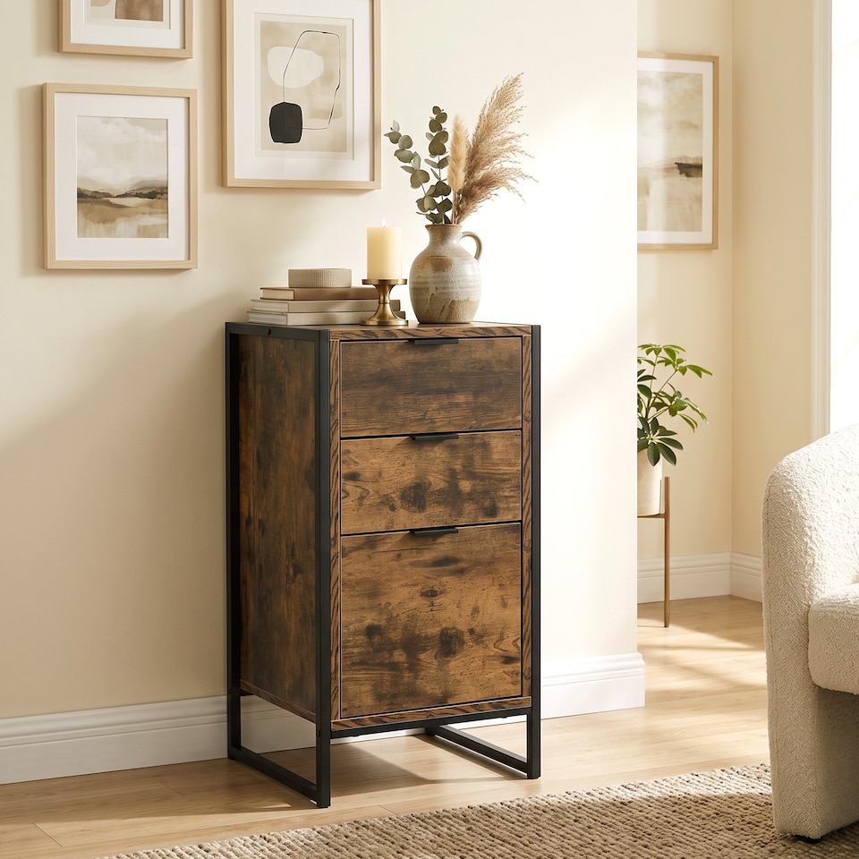 image 1 of HOMCOM Industrial 3-Drawer Bedroom Chest of Drawers with Metal Frame, Brown