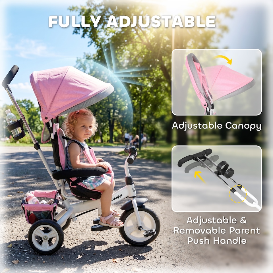 image 1 of HOMCOM 6 in 1 Baby Trike, Kids Trike, Stroller with Parent Handle, Pink
