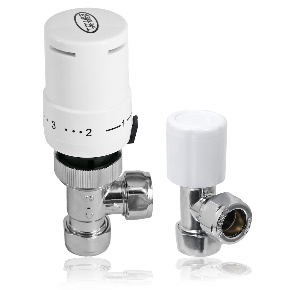 image 1 of Tower TRV Thermostatic Radiator Valve White Angled Lockshield 10-15mm Head Set