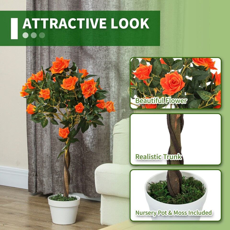 image 1 of Outsunny Set of 2 90cm Artificial Rose Tree, Fake Decorative Plant, Orange