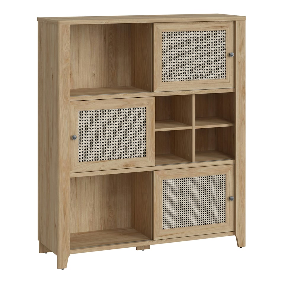 image 1 of Cestino 3 Sliding Door Cabinet in Jackson Hickory Oak and Rattan Effect