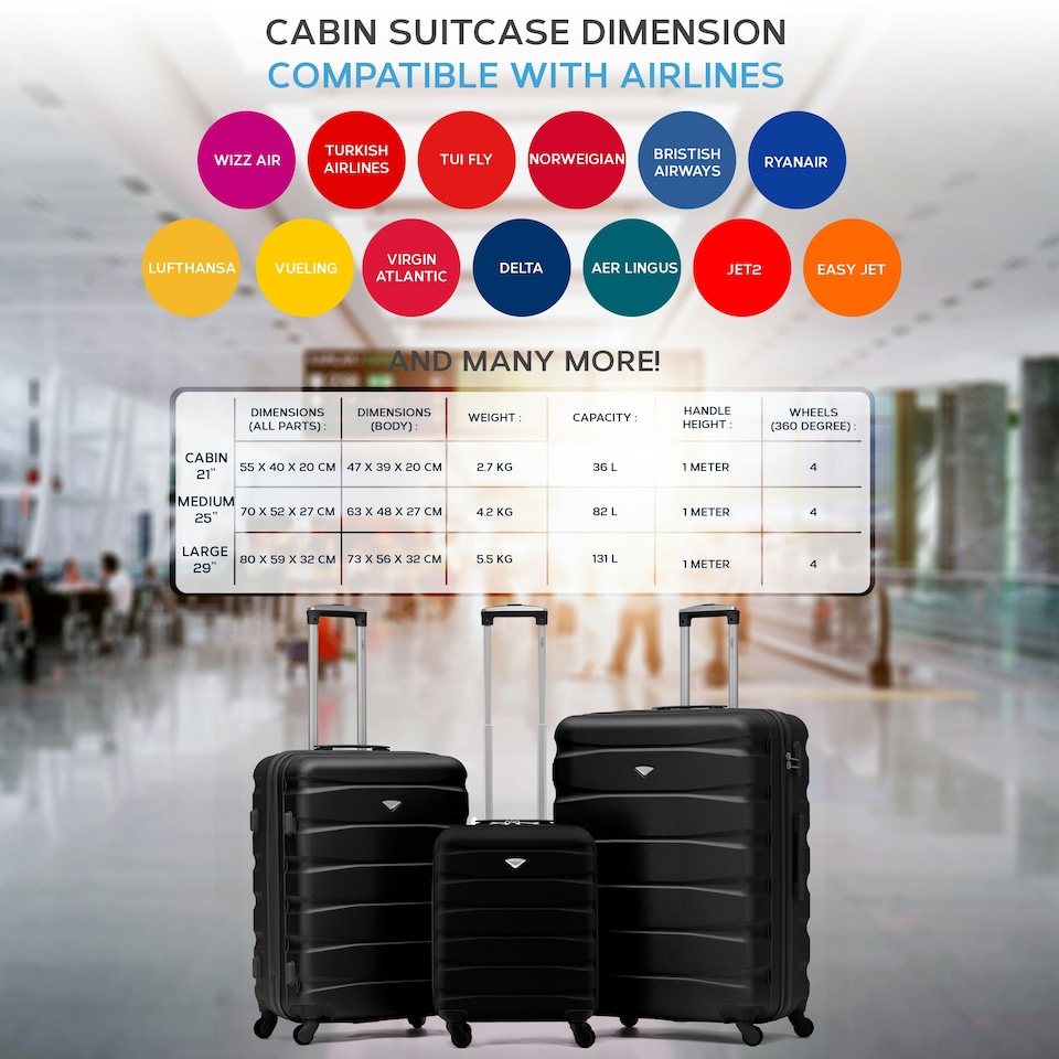 image 1 of Flight Knight Suitcase Set, Large Suitcase, Extra Large Suitcase, Cabin Suitcase 55x40x20cm - 60+ Airlines Approved - EasyJet, Jet2, Ryanair Priority Carry On | Black | Black | Large