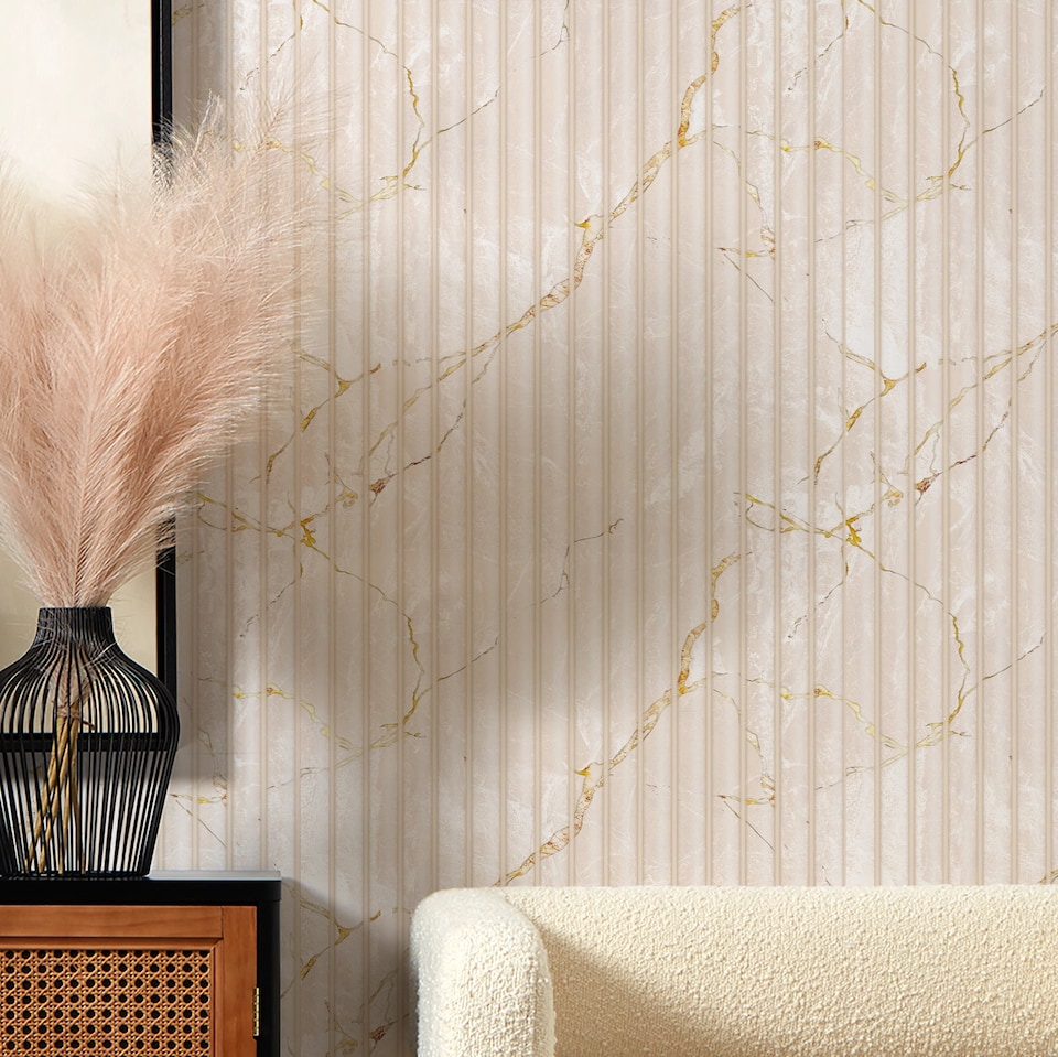 image 1 of Fluted Marble Panel Wallpaper in Cream | Cream | Cream & Gold | 50cm x 10m
