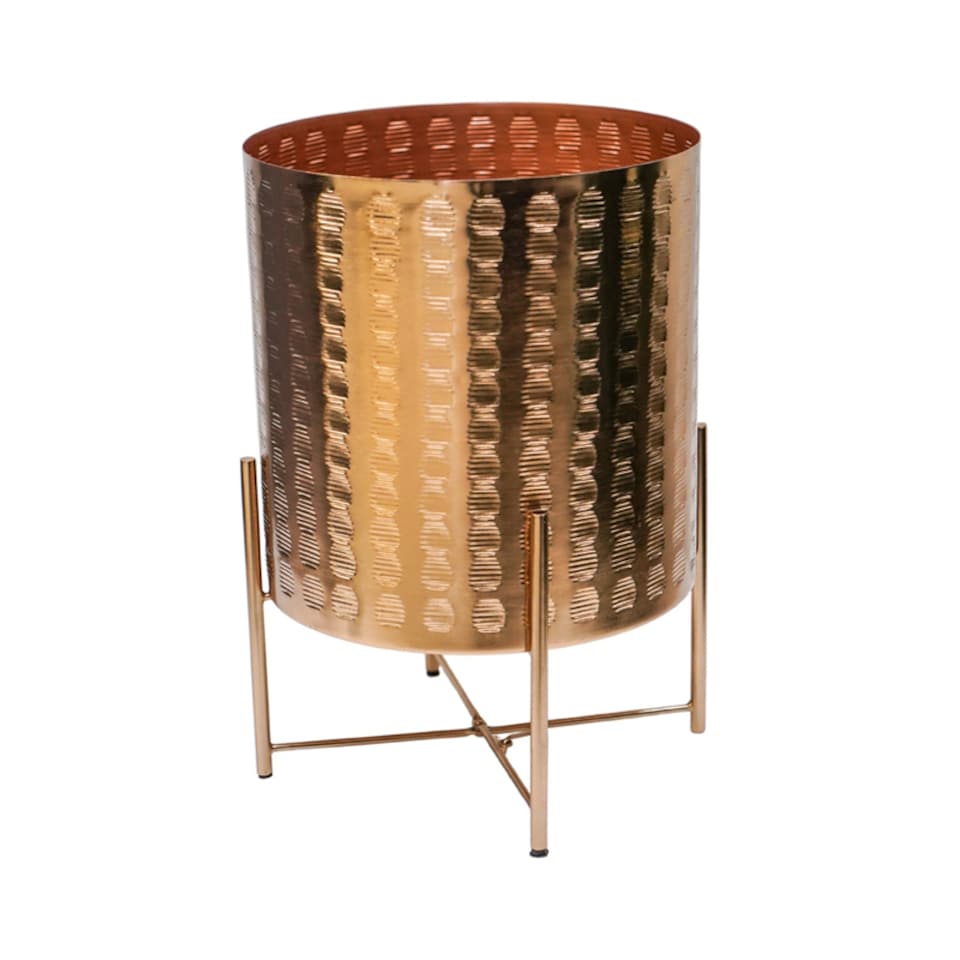 image 1 of Zendaya Embossed Metal Planter with Stand - Mild Steel - L27 x W27 x H40 cm - Gold | Gold
