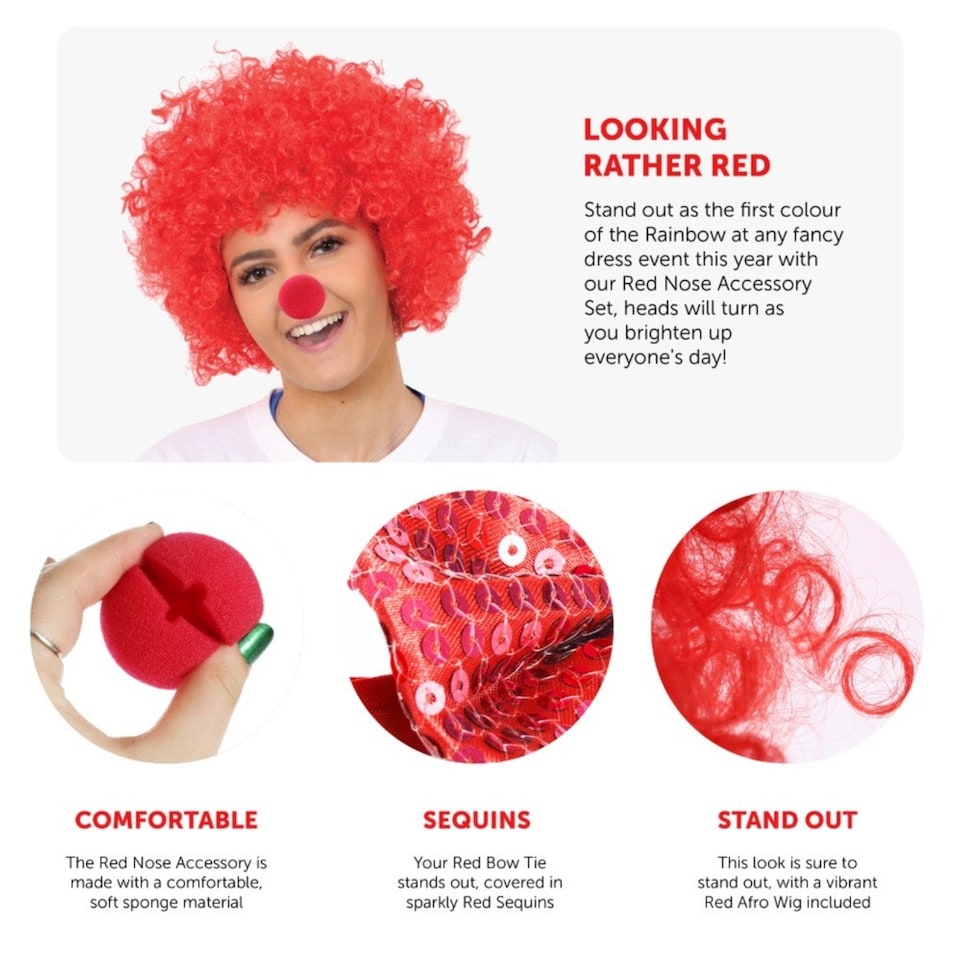 image 1 of Red Nose, Curly Wig & Sequin Bow Tie Red | One Size