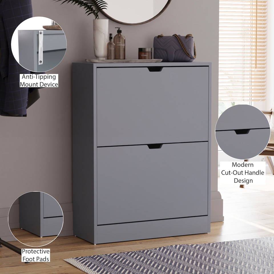 image 1 of Vida Designs 2 Drawer Shoe Cabinet Shoe Rack Storage Cupboard, Grey