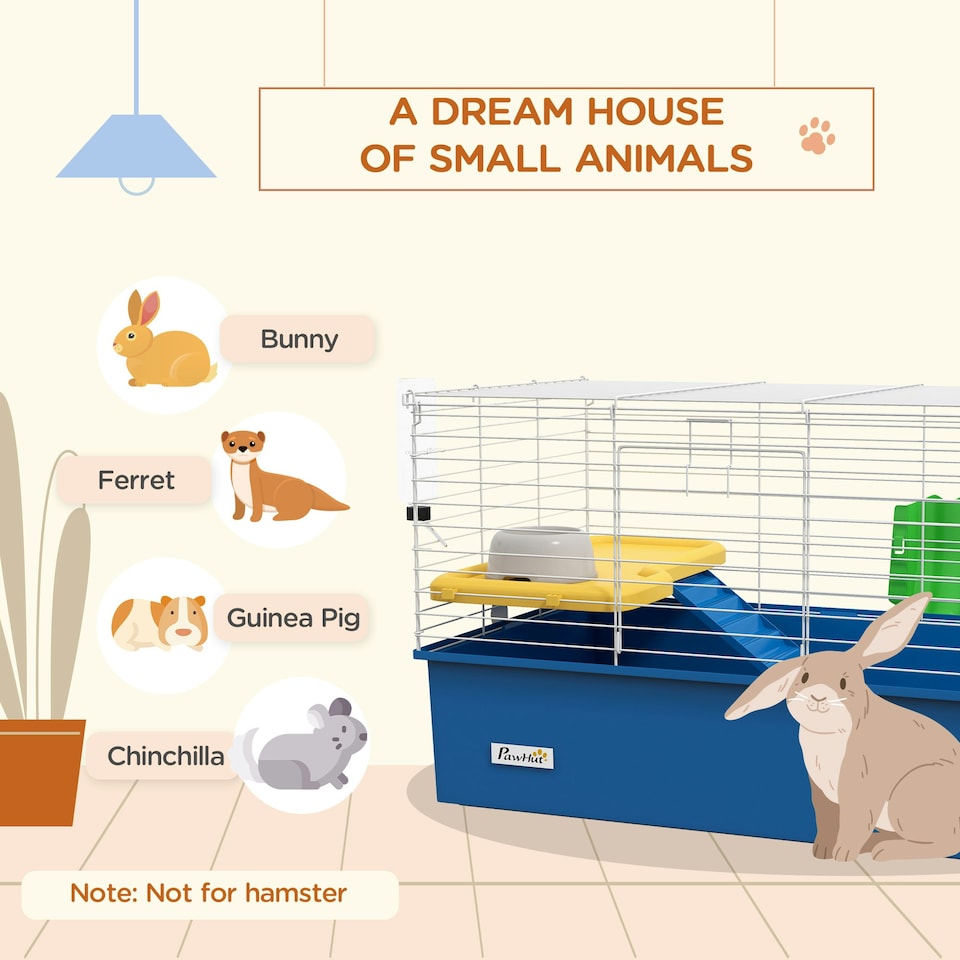 image 1 of PawHut Small Animal Cage, Rabbit Guinea Pig Hutch, Pet Playhouse, Blue