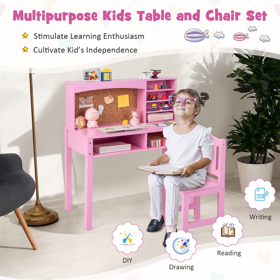 image 1 of COSTWAY Kids Desk and Chair Set Wooden Children Learning writing Table-Pink