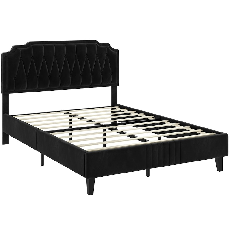 image 1 of Yaheetech 135 cm W x 190 cm L Upholstered Bed Frame with Button-Tufted Headboard Black