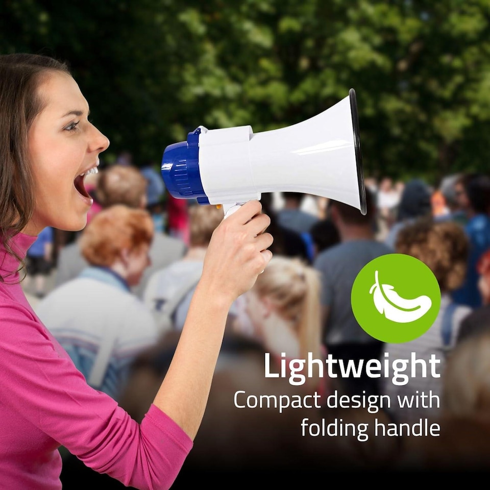 image 1 of NEDIS 10W Megaphone, 250m Range with Built-in Microphone, Siren, Adjustable Volume, Record Function - White & Blue