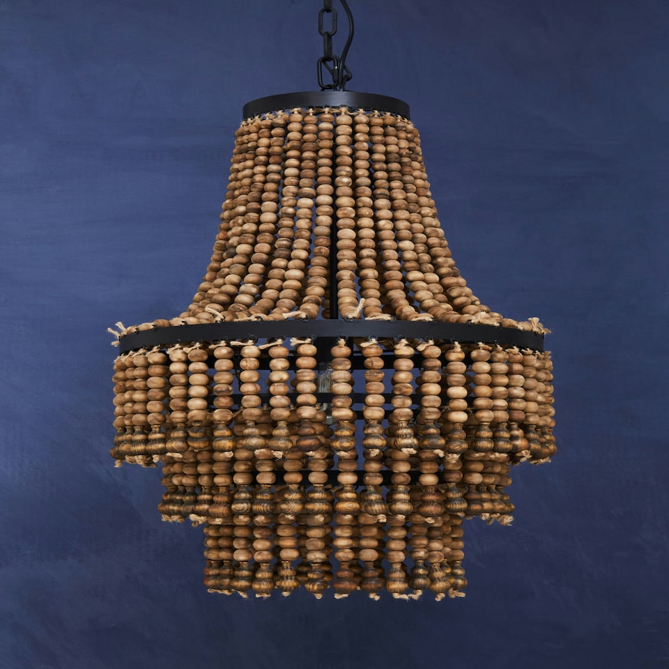 image 1 of Interiors by Premier Rustic Wood Chandelier with Black Iron Frame, Handcrafted Three-Tier Pendant Light, Organic Hanging Light Brown
