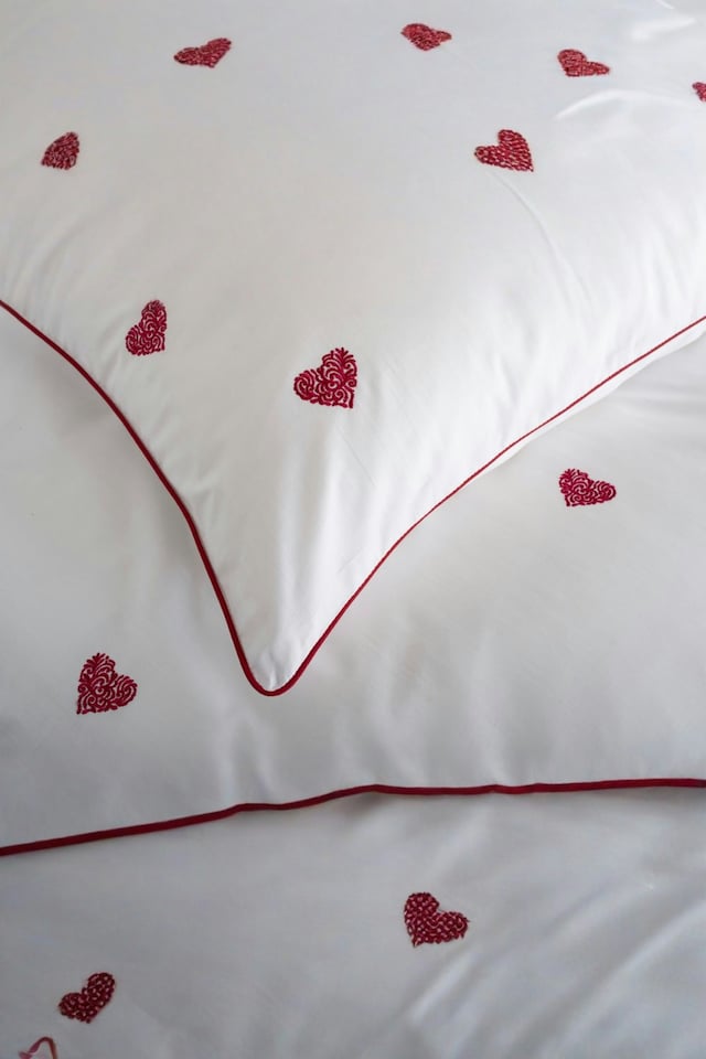 image 1 of Filigree Hearts Duvet Cover Set – White & Red Cotton with Elegant Embroidery | White | Super King