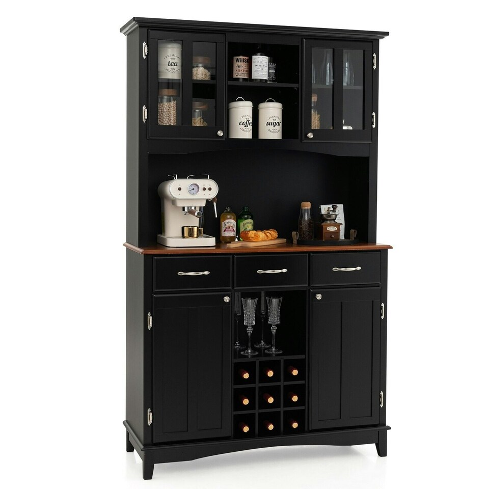 image 1 of COSTWAY Kitchen Cupboard with Adjustable Shelves and Drawers Black