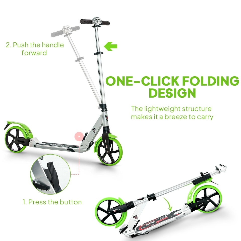 image 1 of HOMCOM Folding Kick Scooter with Big Wheels for 14+ Teens Adult, Green Green