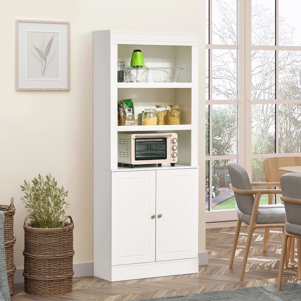 image 1 of HOMCOM Kitchen Cupboard with 6-tier Shelving, Freestanding Storage Cabinet Sideboard, Pantry Cupboard with 3 Open Compartments and Double-door Cabinet with Adjustable Shelves, White