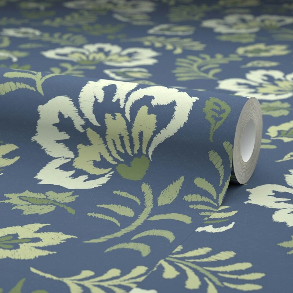 image 1 of Folk Foliage Wallpaper in Navy and Sage Multi