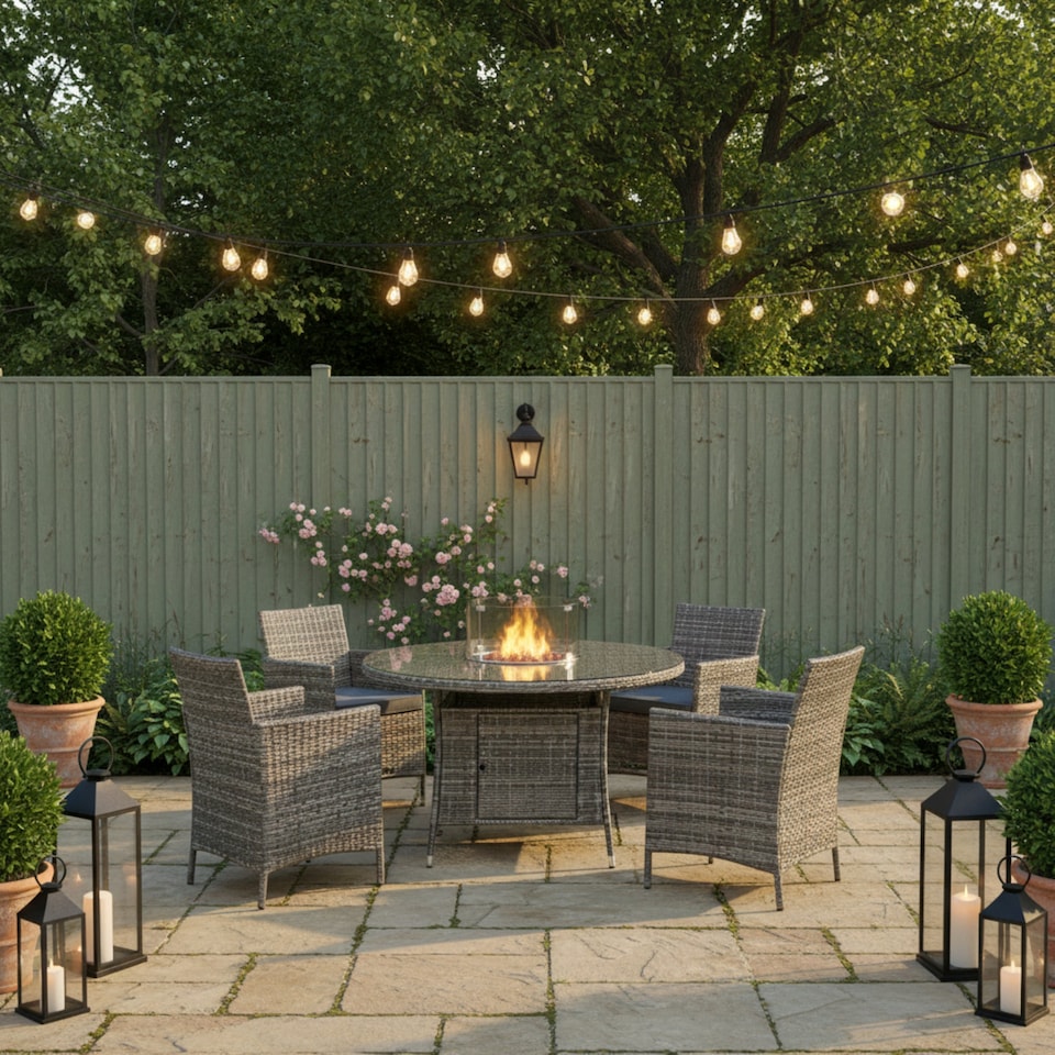 image 1 of Amazon Rattan Fire Pit Dining Set - Round Table with 4 Chairs | Grey