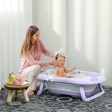 ZONEKIZ Foldable Baby Bathtub w Non-Slip Support Legs, Cushion Pad - Purple