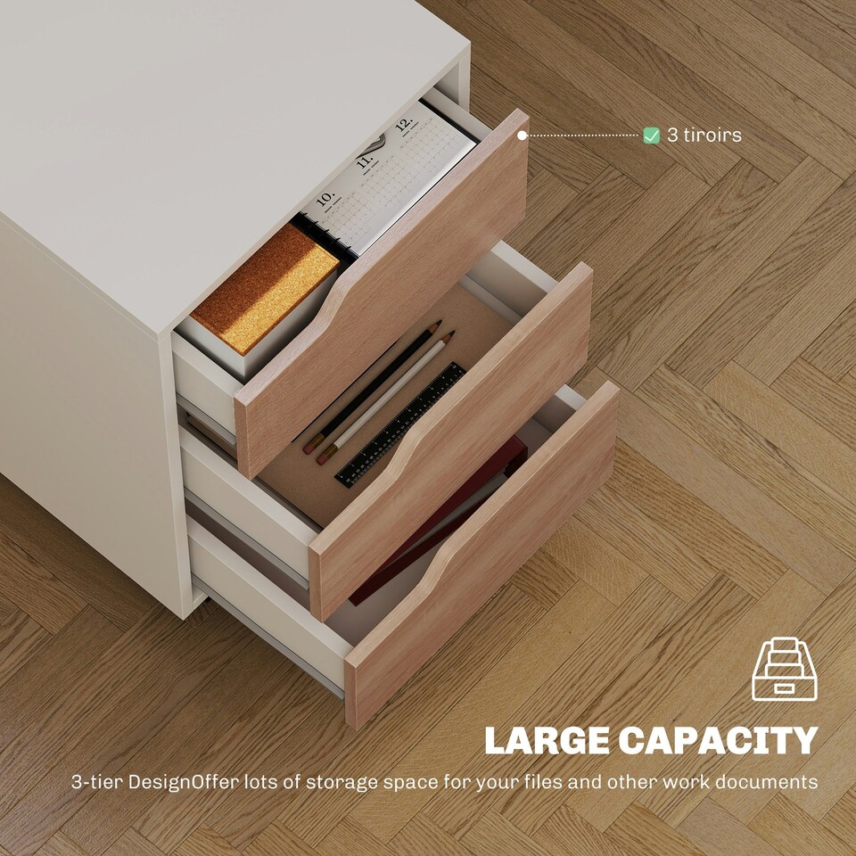 image 1 of MDF Mobile File Cabinet w/ 3 Drawers Locking Wheels Metal Rails Oak Tone White
