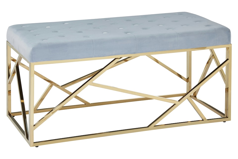 image 1 of Luxe Gold And Powder Blue Velvet Bench, Stylish Garden Bench For Outdoor, Accent Dining Bench For Diningroom | Blue