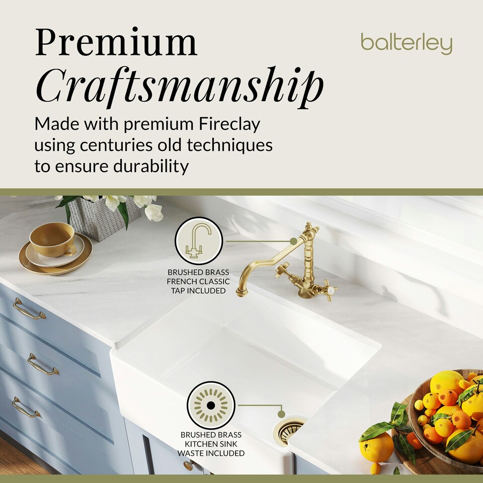 image 1 of Fireclay Kitchen Bundle - Single Bowl Belfast Sink, Strainer Waste & French Classic Tap, 595mm - Brushed Brass - Balterley