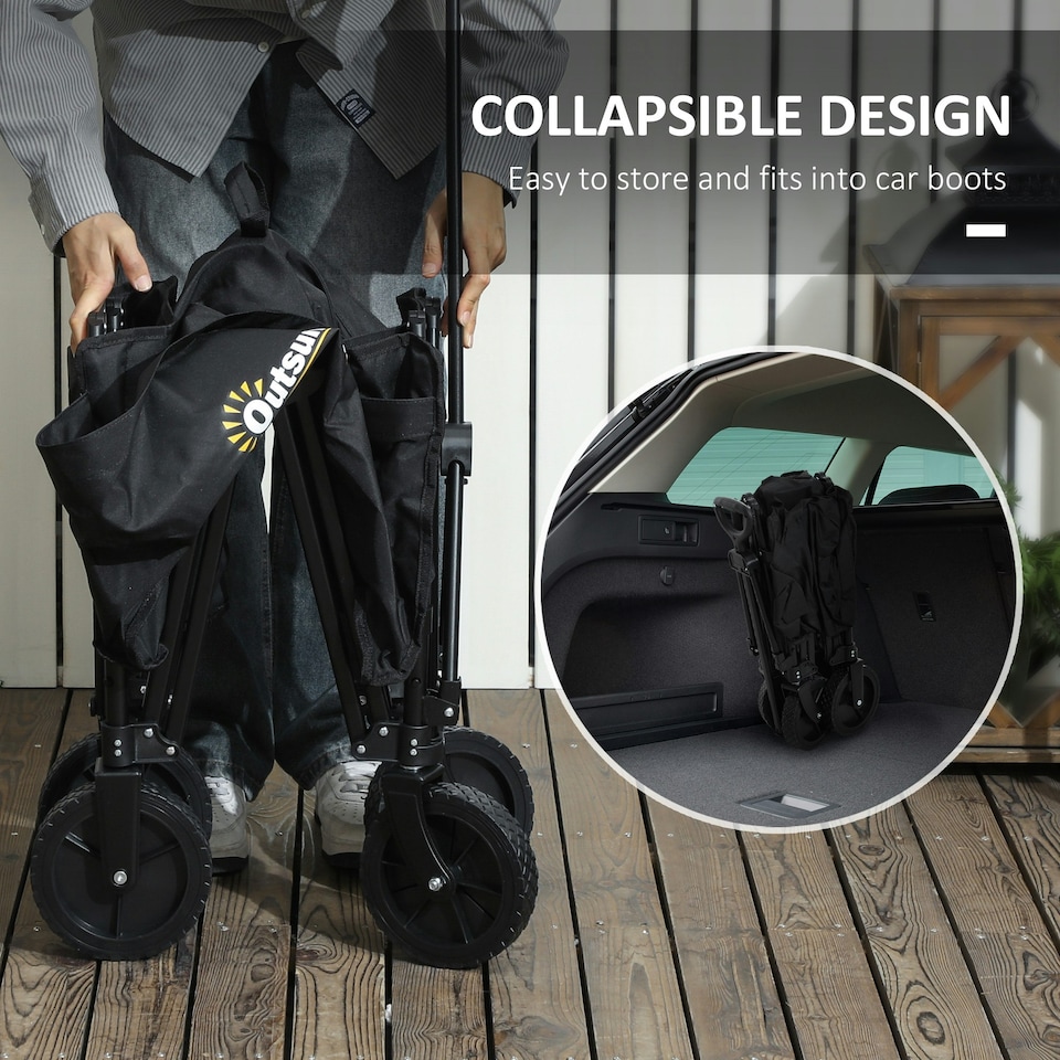 image 1 of Outsunny 120L Folding Collapsible Wagon with Adjustable Handle, Black