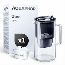 AQUAPHOR 2.5 Litre Glass Water Filter Jug in Black with 1 x Maxfor+ filter