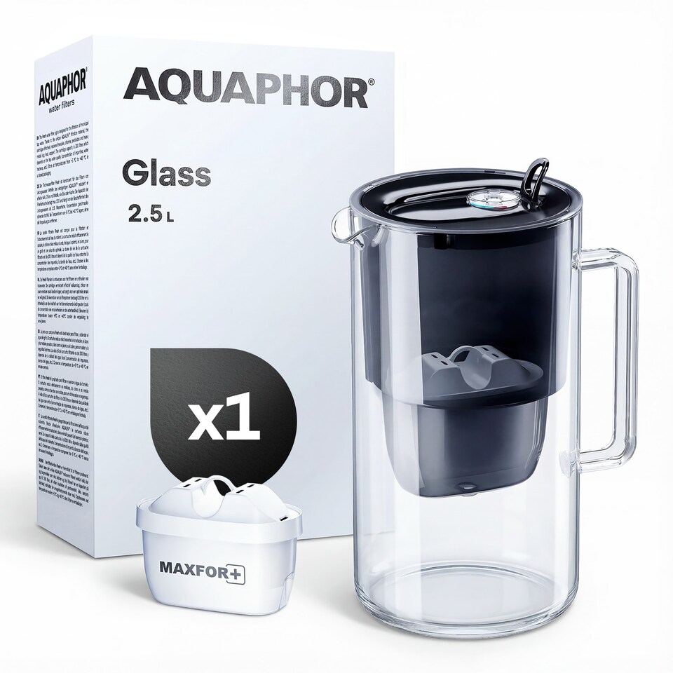 image 1 of AQUAPHOR 2.5 Litre Glass Water Filter Jug in Black with 1 x Maxfor+ filter