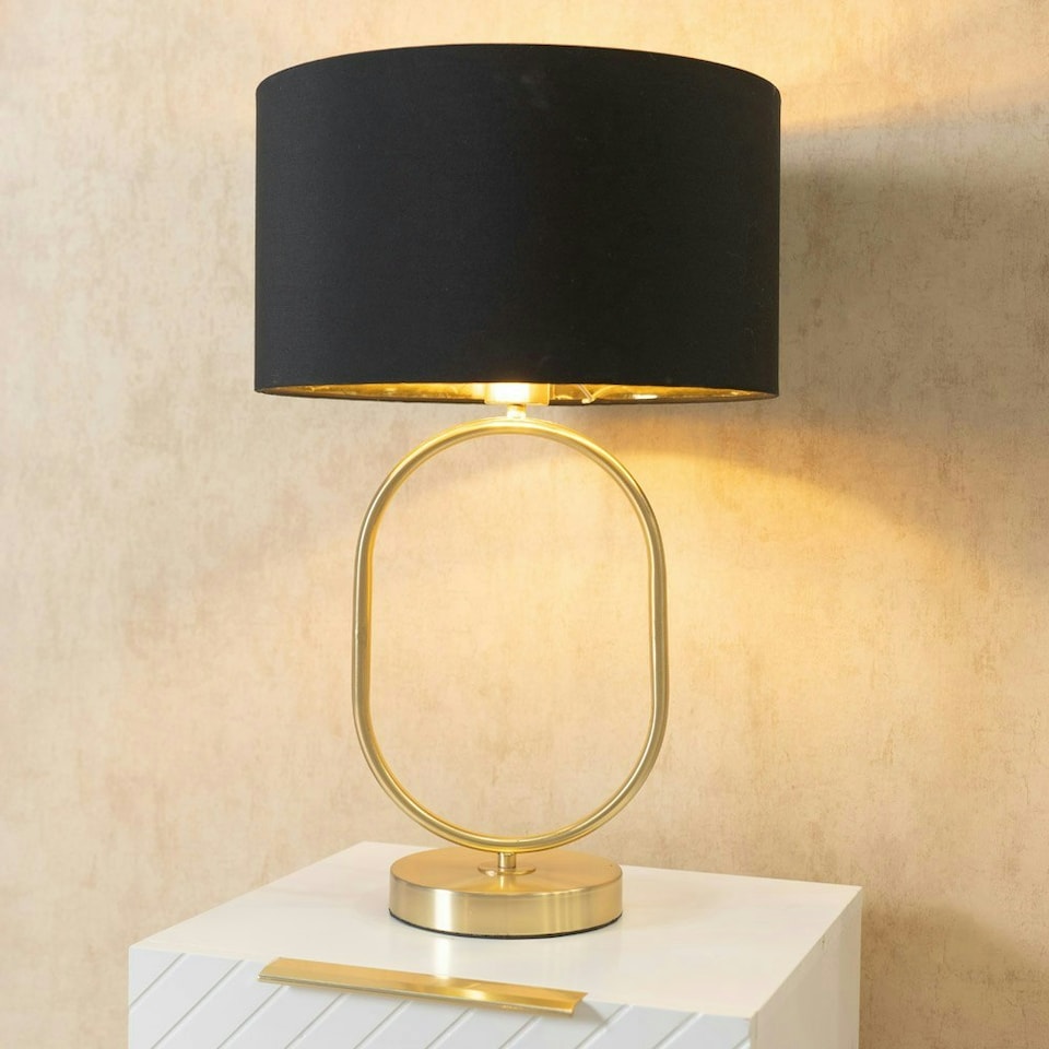 image 1 of ValueLights Antonia Black with Gold Inner Drum Shade Brushed Gold Oval Table Lamp with Bulb Gold