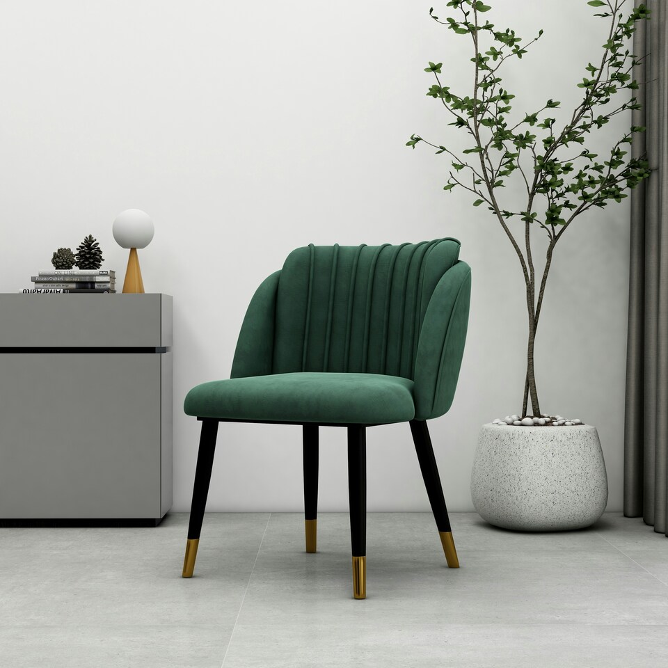 image 1 of Single Milano Velvet Dining Chair with Stylish Ribbed Back Design, Black Metal Legs with Silver Tips Green | Gold End Tips  