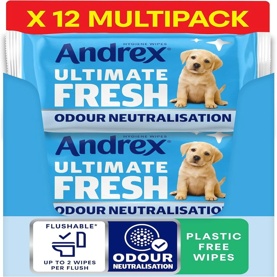 image 1 of Andrex Ultimate Fresh Washlets, 12 Packs - Gentle, Biodegradable, Flushable Toilet Wipes for Everyday Hygiene, Use with Regular Toilet Roll