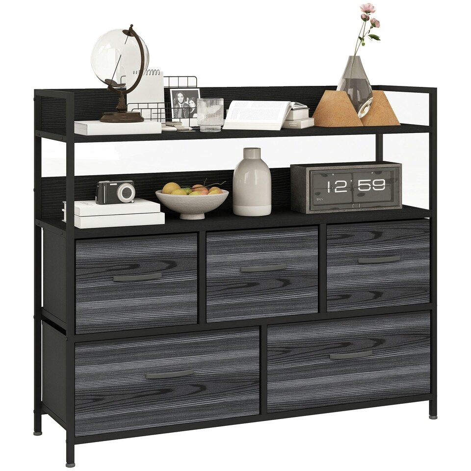 image 1 of HOMCOM Bedroom Chest of Drawers 5 Drawer Dresser w/ Shelves, Black Black