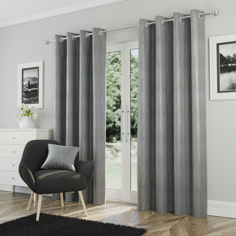image 1 of Goodwood Silver Curtains 90 x 72 inch (229 x 183 cm) Room Darkening Eyelet Thermal Noise Reducing Curtains for Bedroom and Living Room